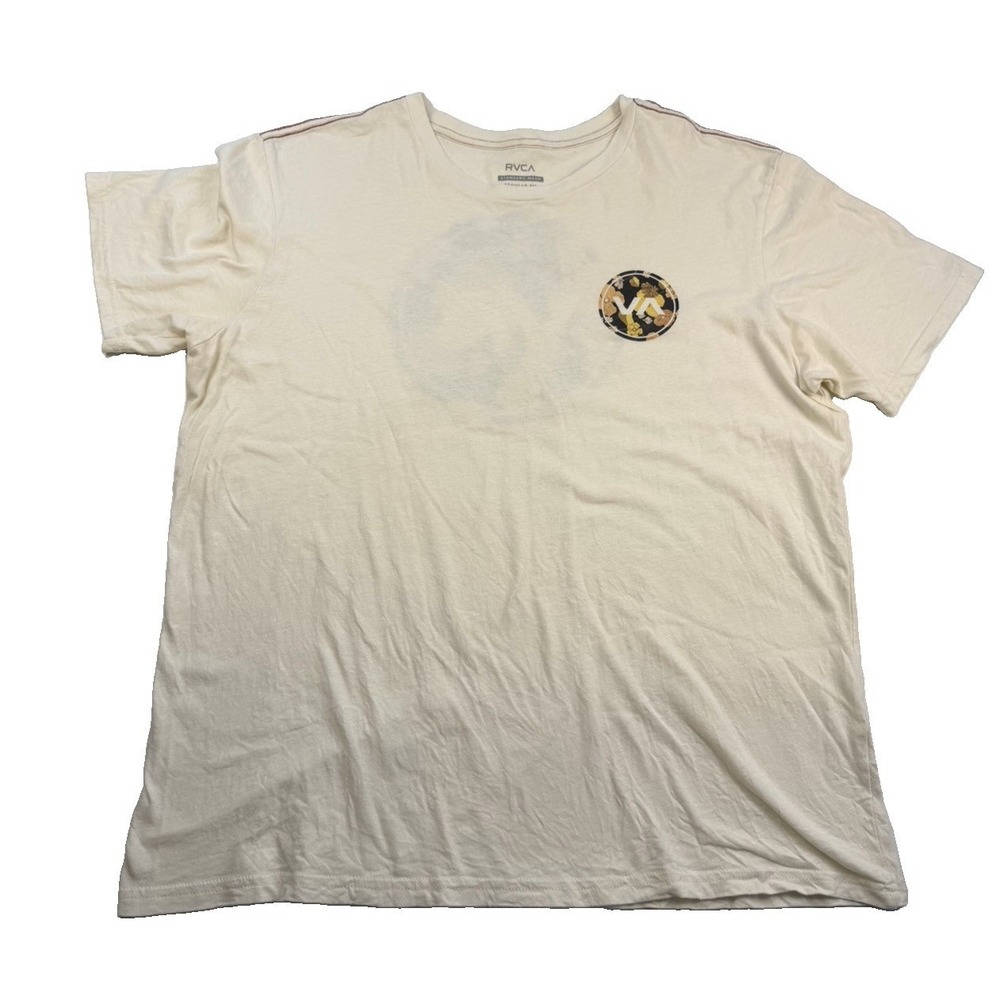 Men's RVCA Floral Logo Ringer T-Shirt Active Gym Circle Back Print Off White XL